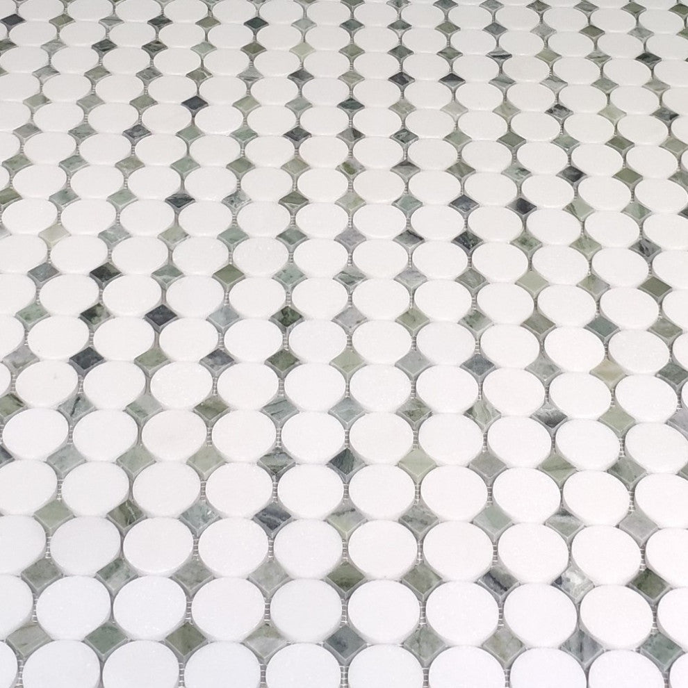 Thassos White Marble Round Mosaic Tile Sagano Vibrant Green Dots Honed, 1 sheet