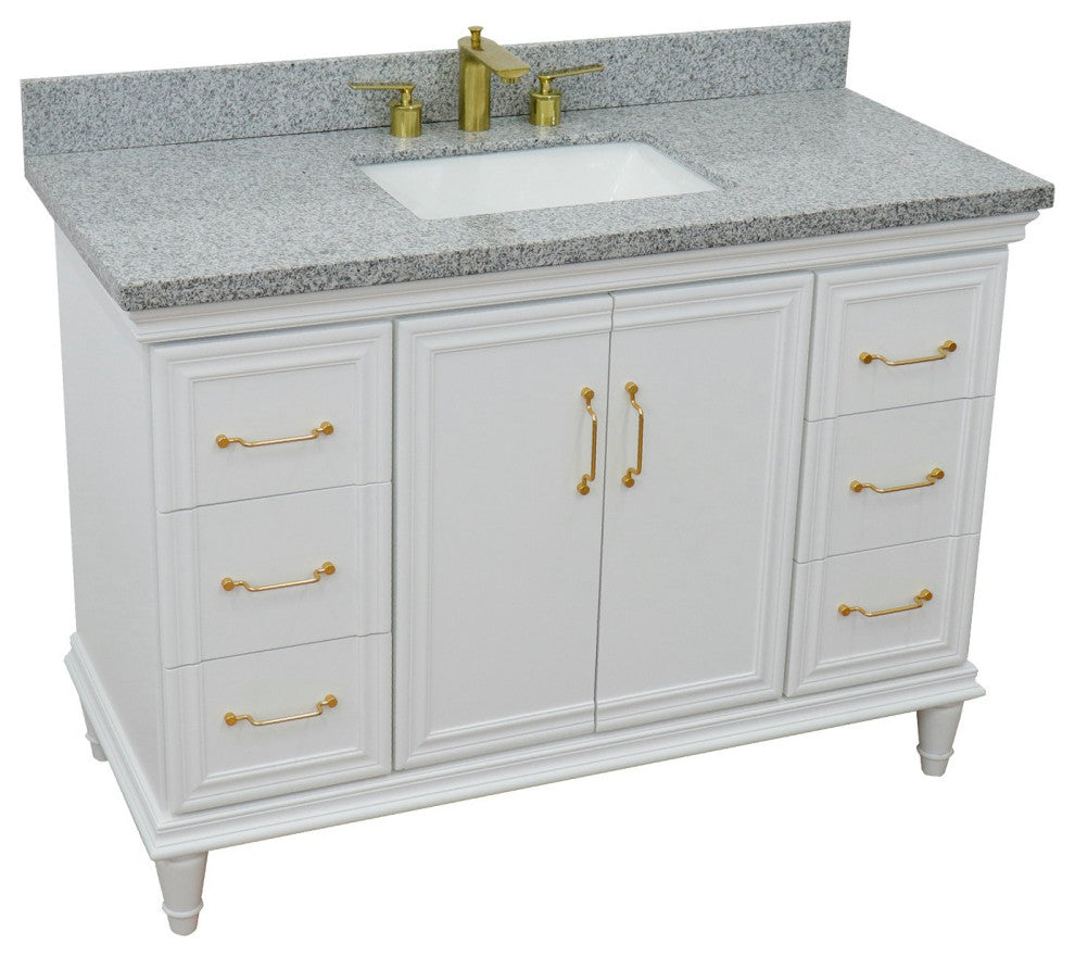 49" Single Sink Vanity, White Finish With Gray Granite and Rectangle Sink
