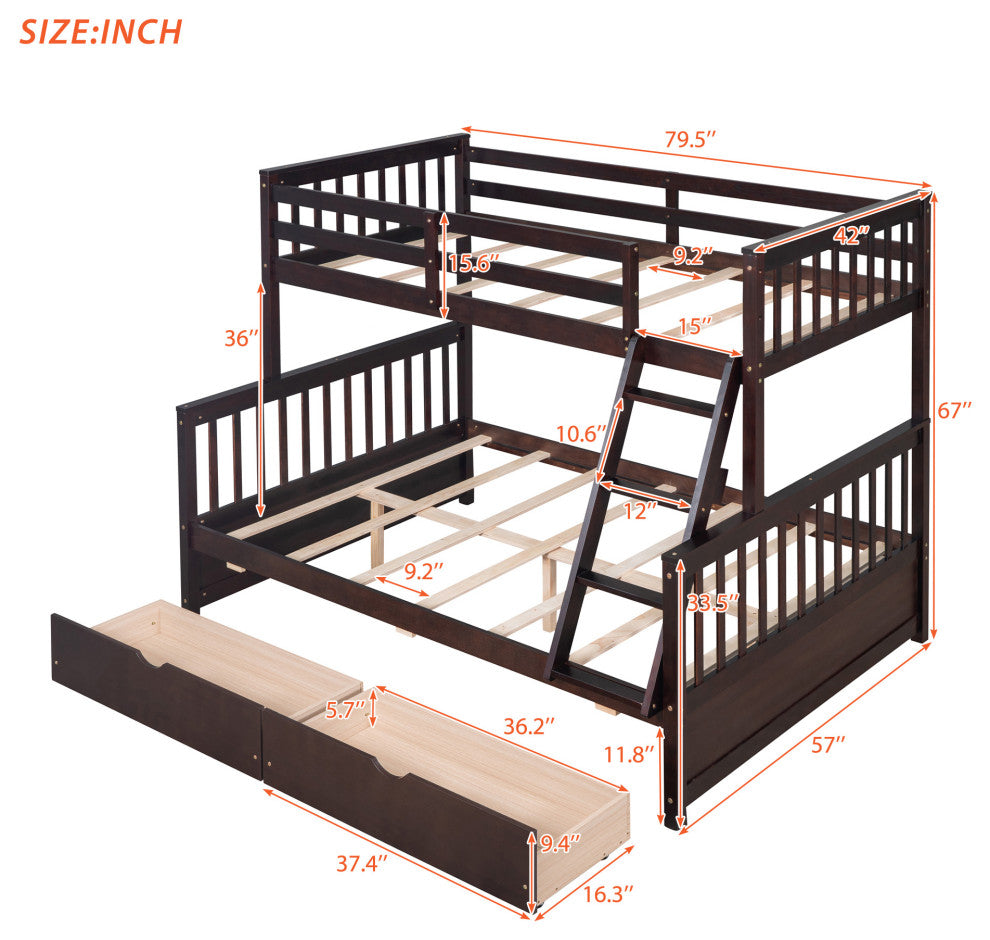 TATEUS Twin Over Full Bunk Bed With Storage Drawers Wood Bunked Bed, Espresso