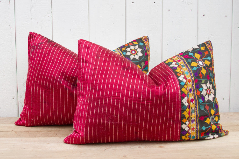 Set of Two Antique Mashru Tribal Lumbar Pillows