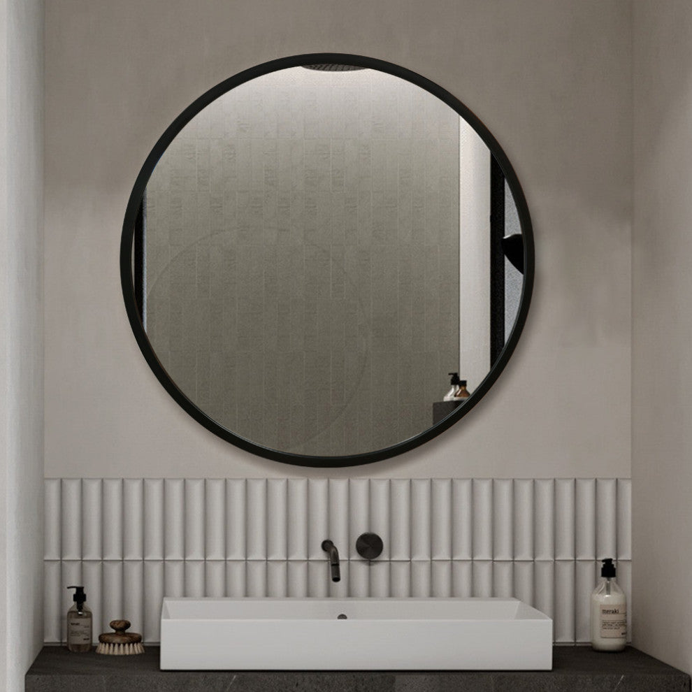 Round Black Metal Framed Wall Mirror, 27.6" X 27.6" Dia.