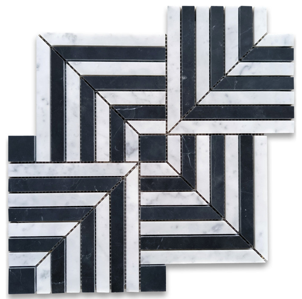 Carrara White Nero Marquina Black Marble Maze Square Weave Mosaic Tile, 1 sheet