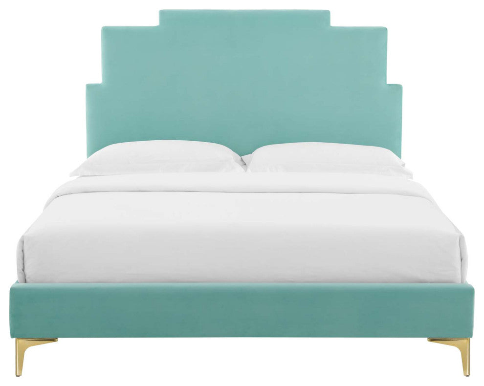 Platform Bed Frame, Queen Size, Velvet, Blue, Modern Contemporary, Bedroom