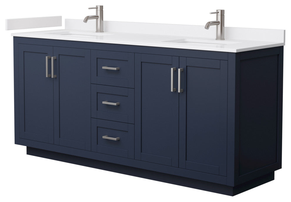 72"DBL Vanity Dark Blue, White Cult. Marble Countertop, Sinks, Nickel Trim