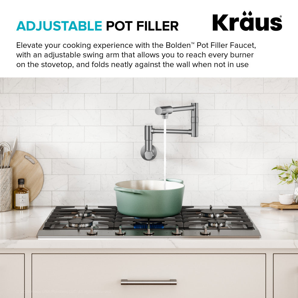KRAUS Bolden 2 Handle Wall Mount Pot Filler Faucet, Retractable Arm, SFS