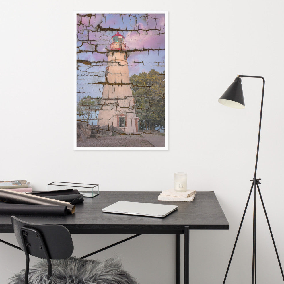 Faux Wood Texture Marblehead Lighthouse at Sunset Framed Photo Wall Art Print, White, 24" X 36"