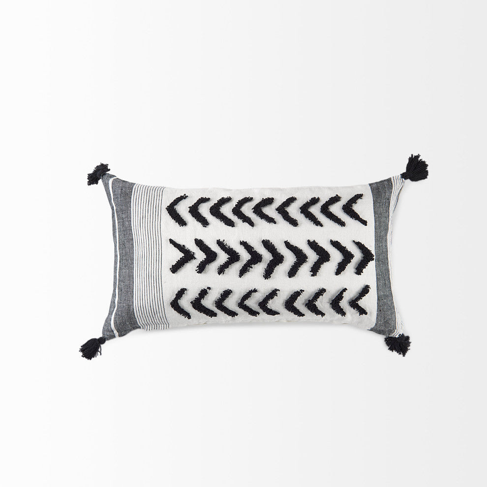 Kimia White and Black Herringbone Fabric With Fringed Decorative Pillow Cover