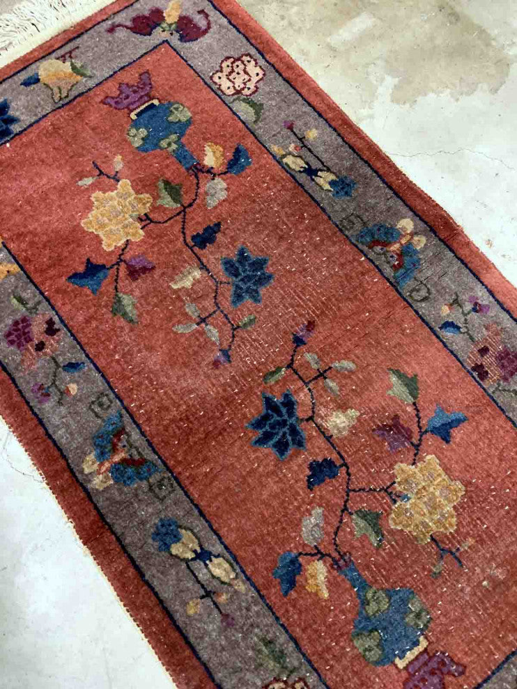 Handmade Antique Art Deco Chinese Rug 2.1'x4.3', 64cmx131cm 1920s