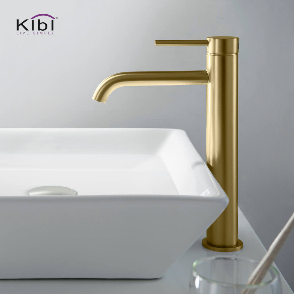 Circular Brass Single Handle Bathroom Faucet KBF1009, Brush Gold, With Drain