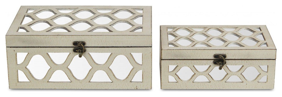Set of White Quatrefoil Mirror Jewelry Storage Boxes
