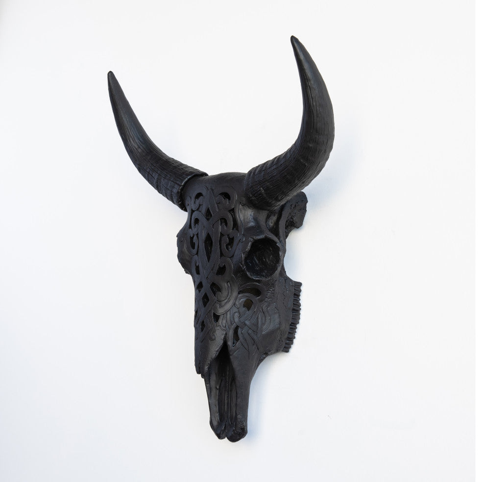 Faux Cow Skull Decorative Carved Bison Skull Black Wall Decor, Matte Black