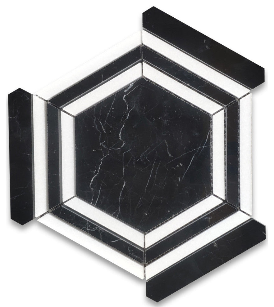 Nero Marquina Thassos Marble Hexagon Georama Geometric Tile Polished, 1 sheet