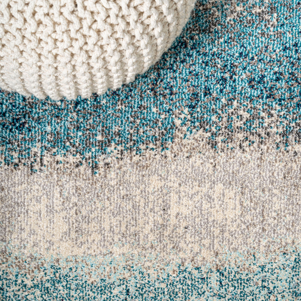 Contemporary POP Modern Abstract Vintage Area Rug, Cream/Turquoise, 2 X 8