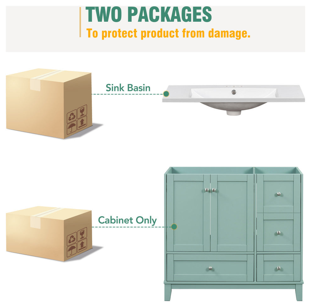 36" Freestanding Bath Vanity Set, Integrated Resin Sink, Green