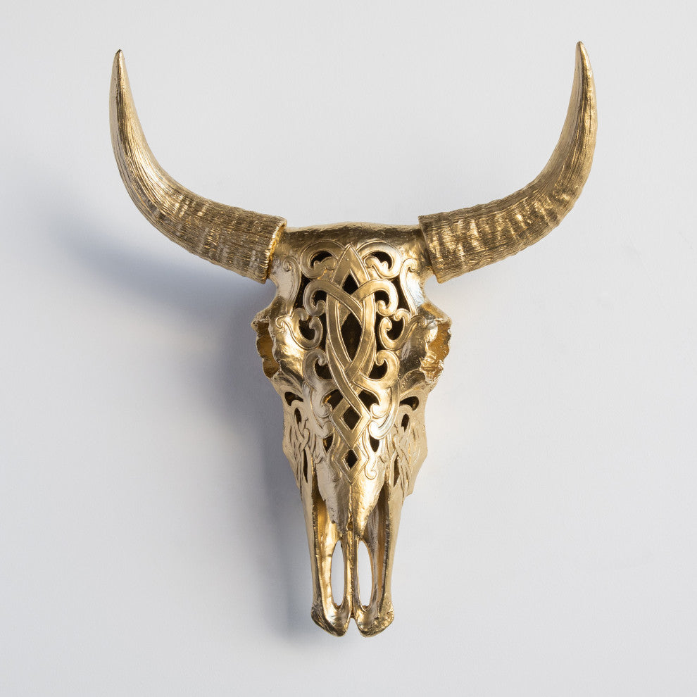 Faux Cow Skull Decorative Carved Bison Skull Wall Decor, Gold