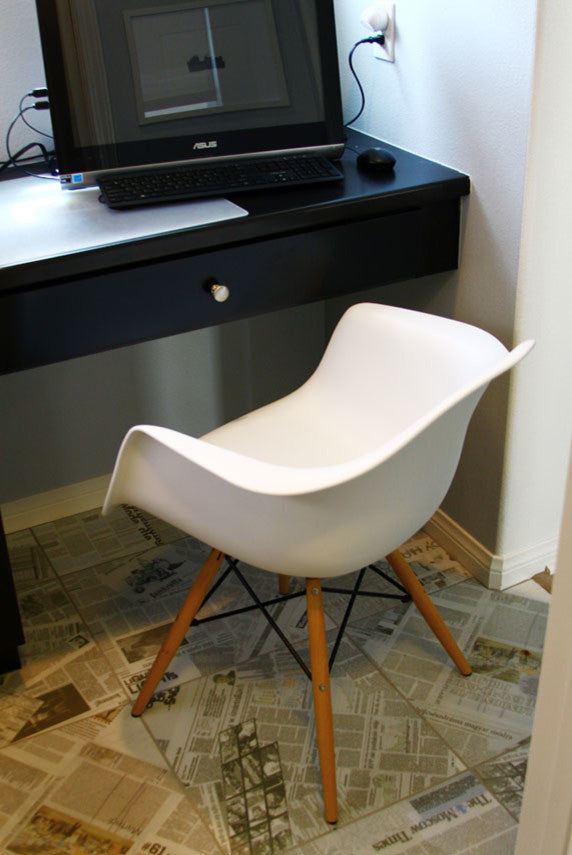 DAW White Mid Century Modern Plastic Dining Armchair, Wood Eiffel Legs