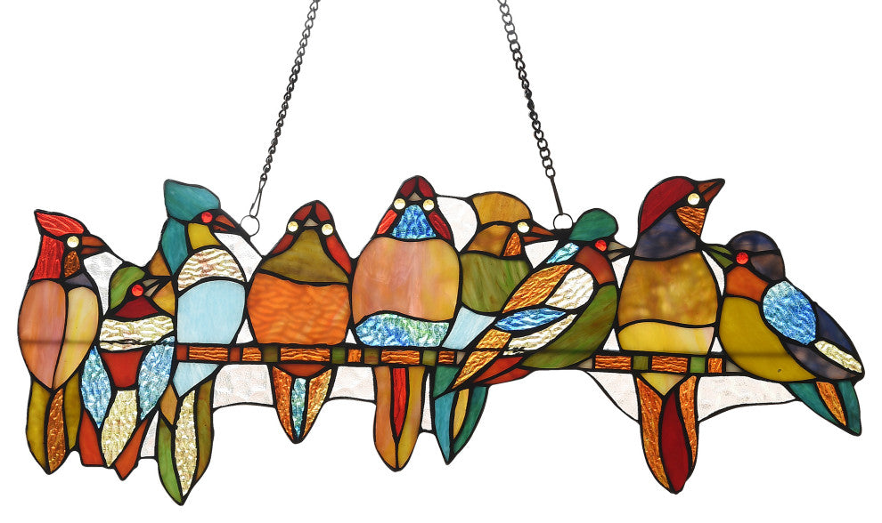 Birds On A Vine Tiffany-Style Animal Design Window Panel 25"x10"