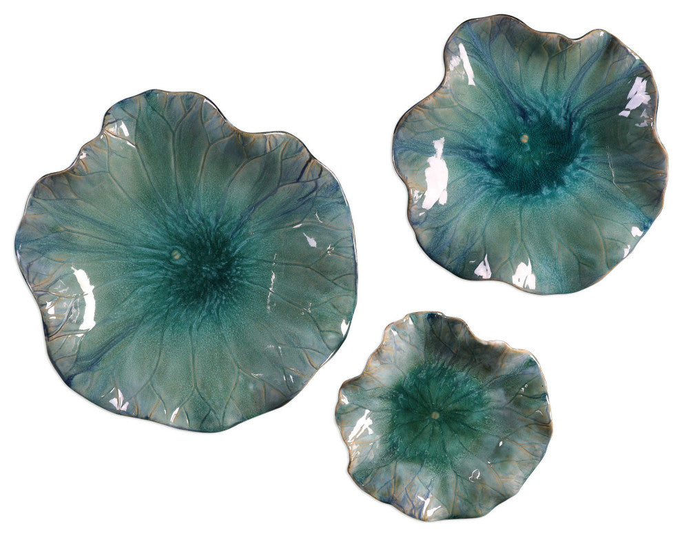 Turquoise Aqua Lily Pad Wall Art, 3-Piece Set, Flower Sculpture Blue Hanging