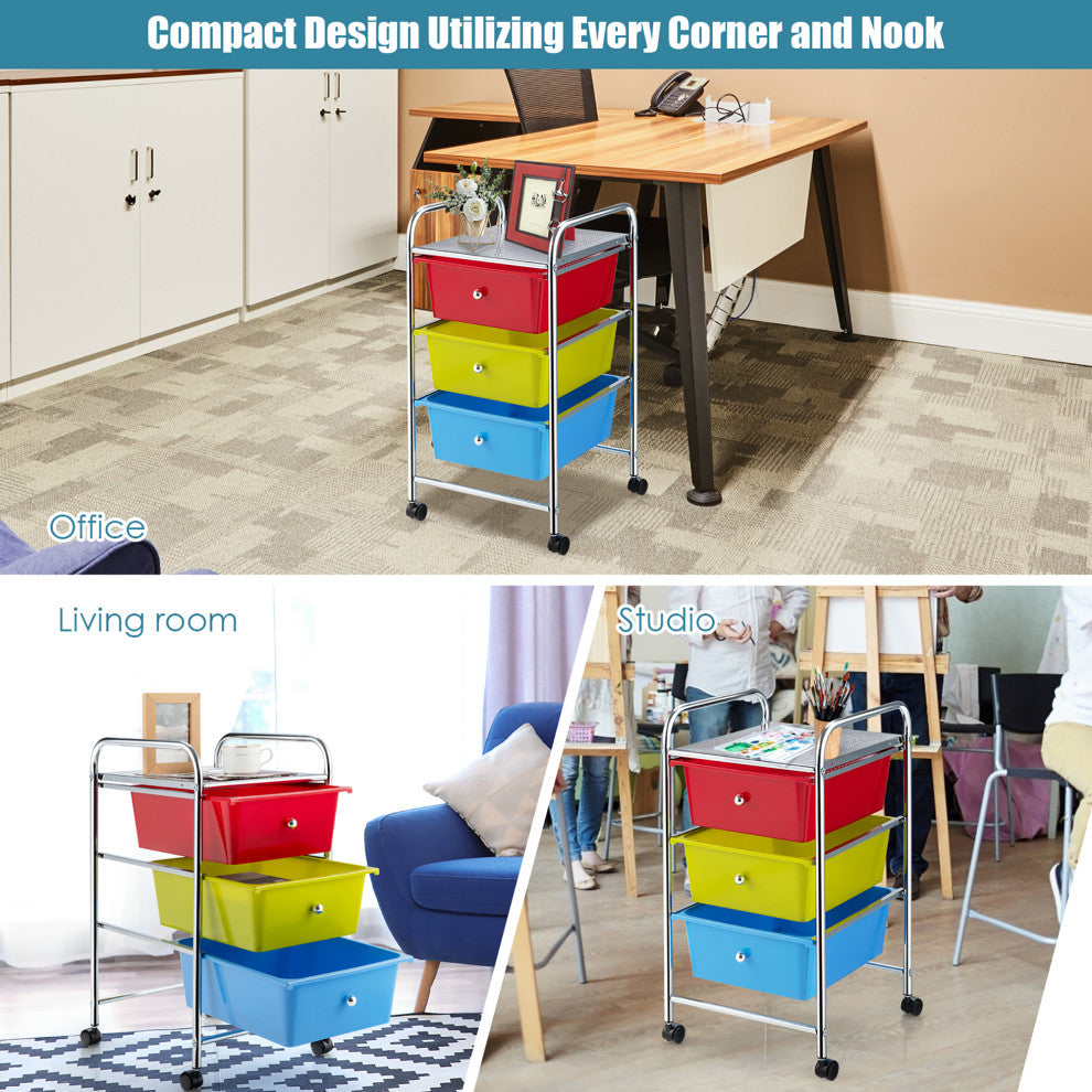 3-Drawer Cart Storage Bin Organizer Rolling w/Plastic Drawers Multicolor
