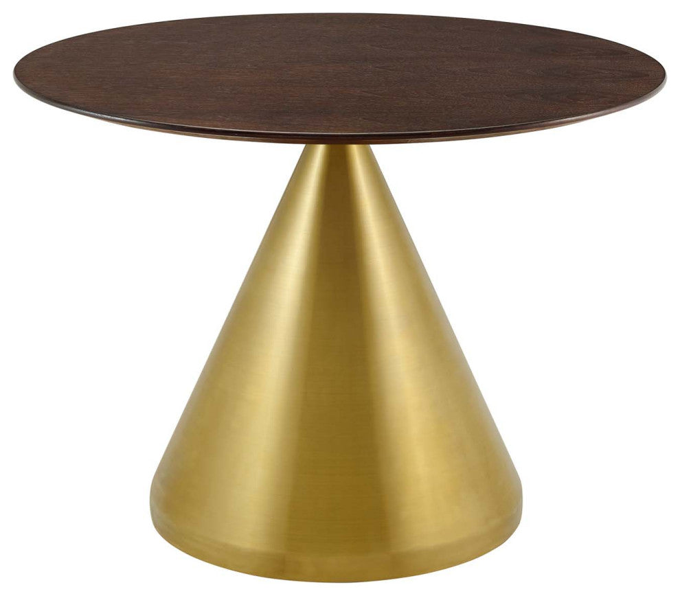 Dining Table, Round, Wood, Metal, Gold Dark Brown Brown Walnut, Modern, Bistro