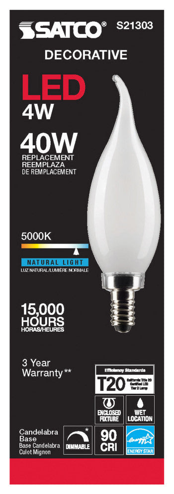 4W CA10 LED, Frost, Candelabra Base, 90 CRI, 5000K, 120V