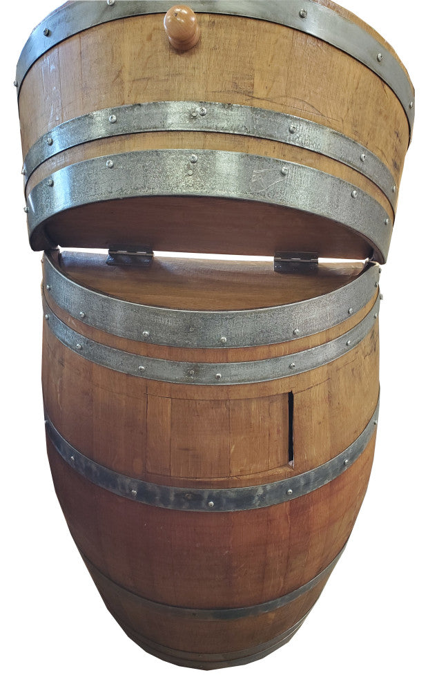 Wine Barrel Waste Receptacle, Lacquer finished, 26"W x 14"D x 35"H