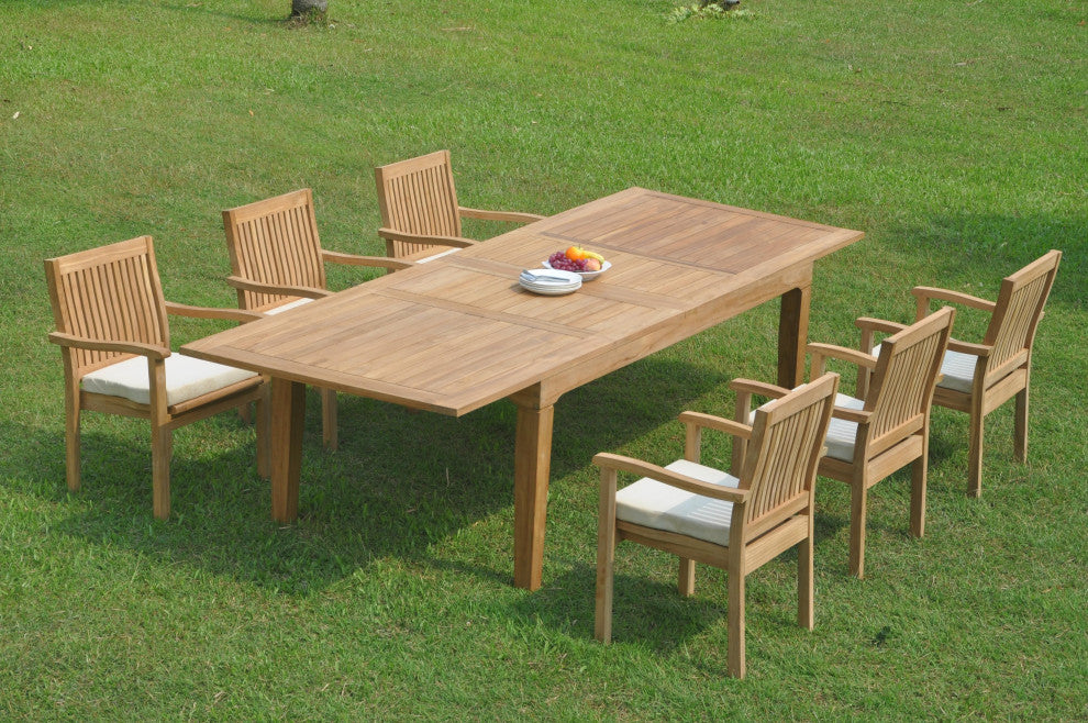 7-Piece Outdoor Teak Dining Set: 122" Rectangle Table, 6 Lev Stacking Arm Chairs