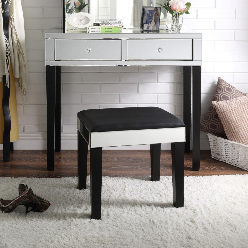 Venecia Mirrored 2-Drawer Vanity Table With Stool Set, Black