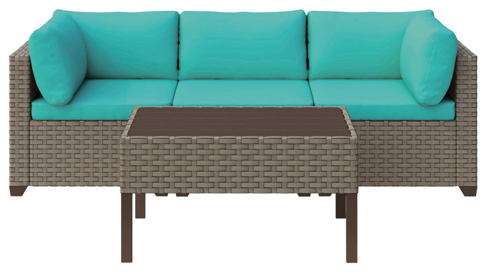 Keys 4-Piece Outdoor Conversation Set with Coffee Table in Summer Fog Wicker, Cyan