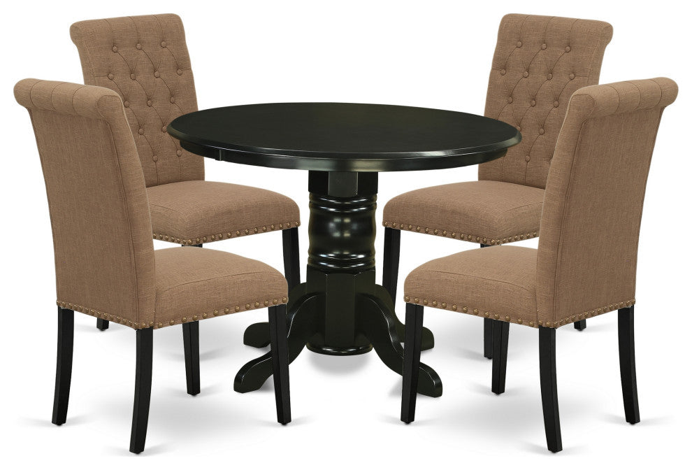 5Pc Dining Set, Round Table, Four Parson Chairs, Light Sable Fabric, Black