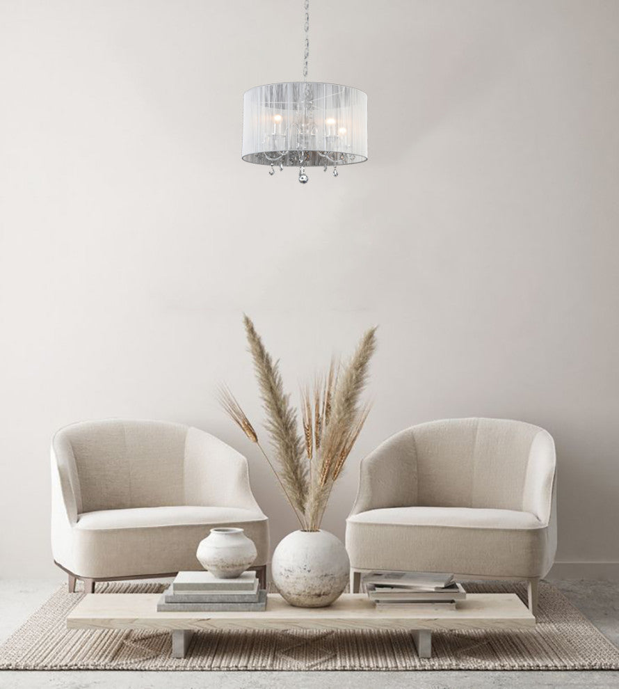 White String Shade Fixture With Chrome and Crystal, 5-Light