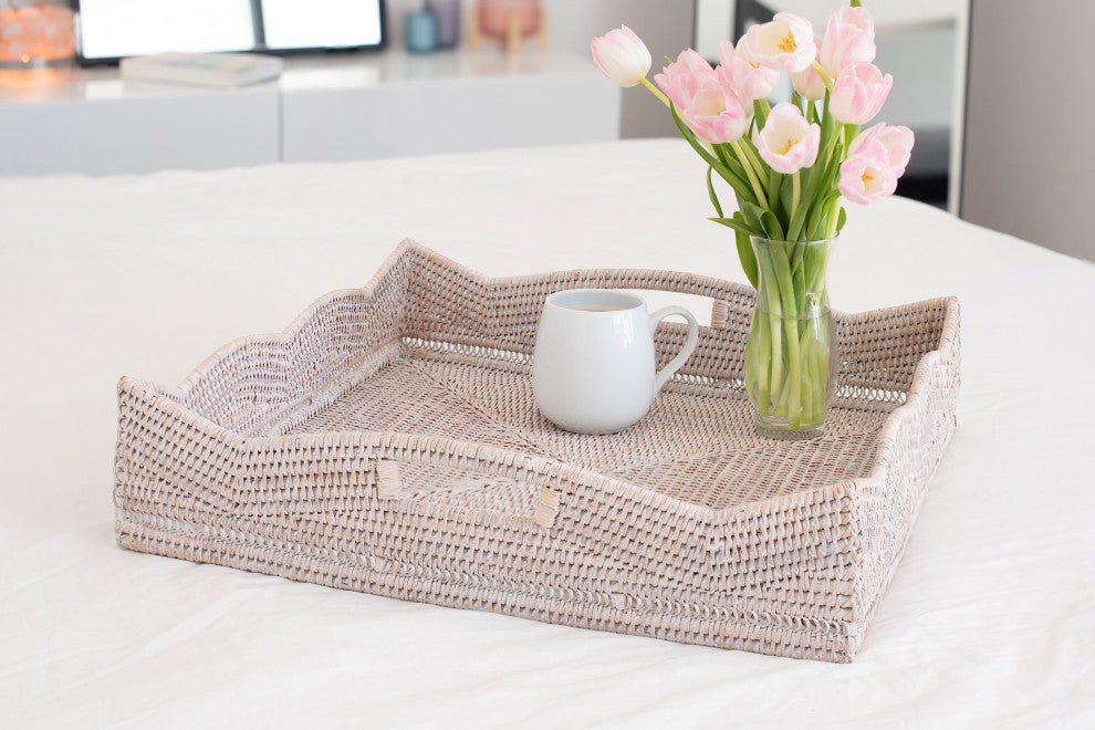 Artifacts Rattan™ Scallop Collection Square Tray With Cutout Handles, White Wash, 20"x20"x4.5"