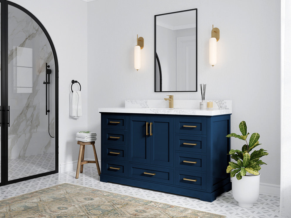 Boston 60 Single Bathroom Vanity in Navy Blue 1.5" White Quartz