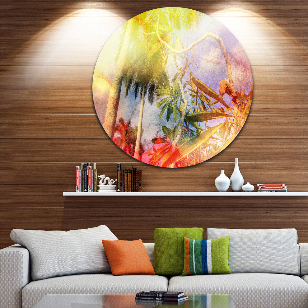 Yellow Retro Palm Trees, Landscape Painting Disc Metal Wall Art, 11"