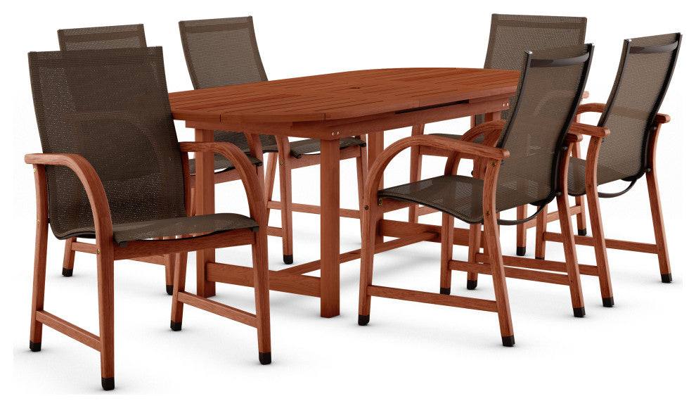 Amazonia Bahamas 7-Piece Eucalyptus Extendable Dining Set With Brown Sling Chair