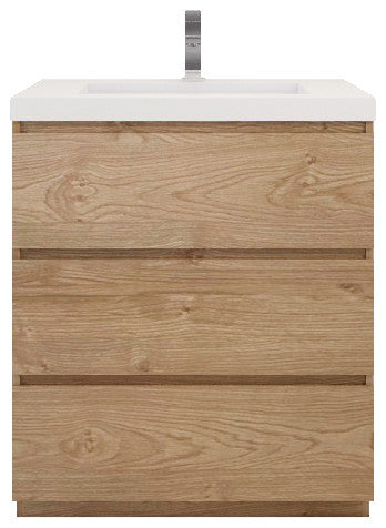 Moa Bathroom Vanity With 3 Drawers and Acrylic Sink, New England Oak, 30"