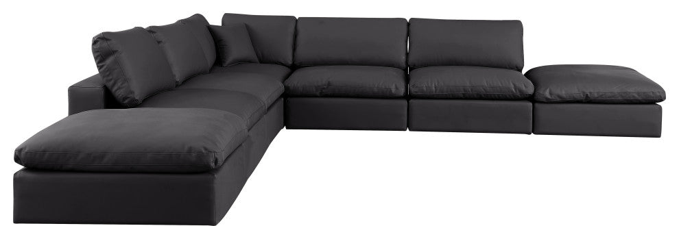 Comfy Upholstered L-Shaped Modular Sectional, Black, 7-Piece: 4 Armless Chair, 1 Corner Chair, 2 Ottoman, Vegan Leather