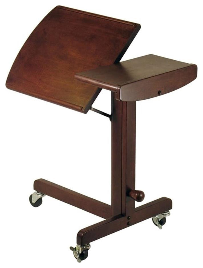 Pemberly Row Adjustable Solid Wood Mobile Lap Table Cart in Antique Walnut
