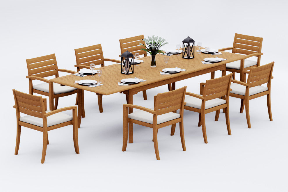 9-Piece Outdoor Teak Dining Set: 117" Rectangle Table, 8 Trav Stacking Arm Chair