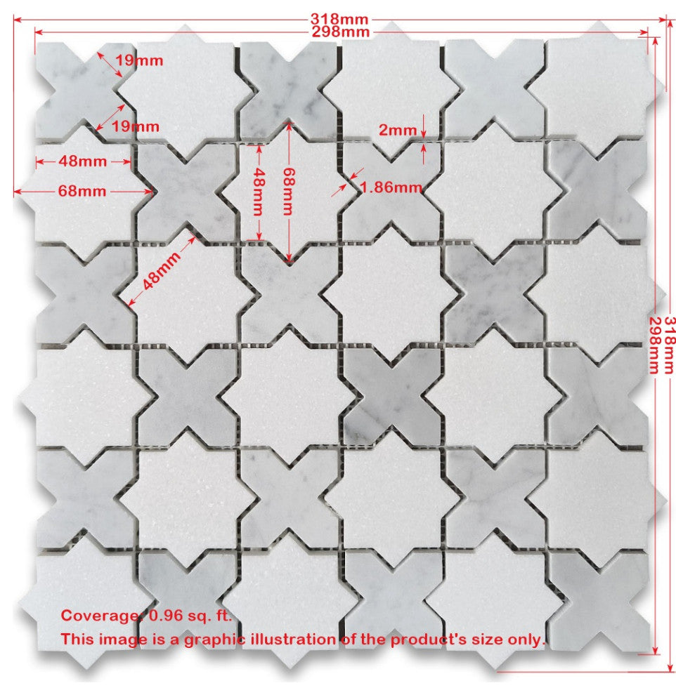 Thassos White Marble 2 inch Cross Star Mosaic Tile Carrara White Honed