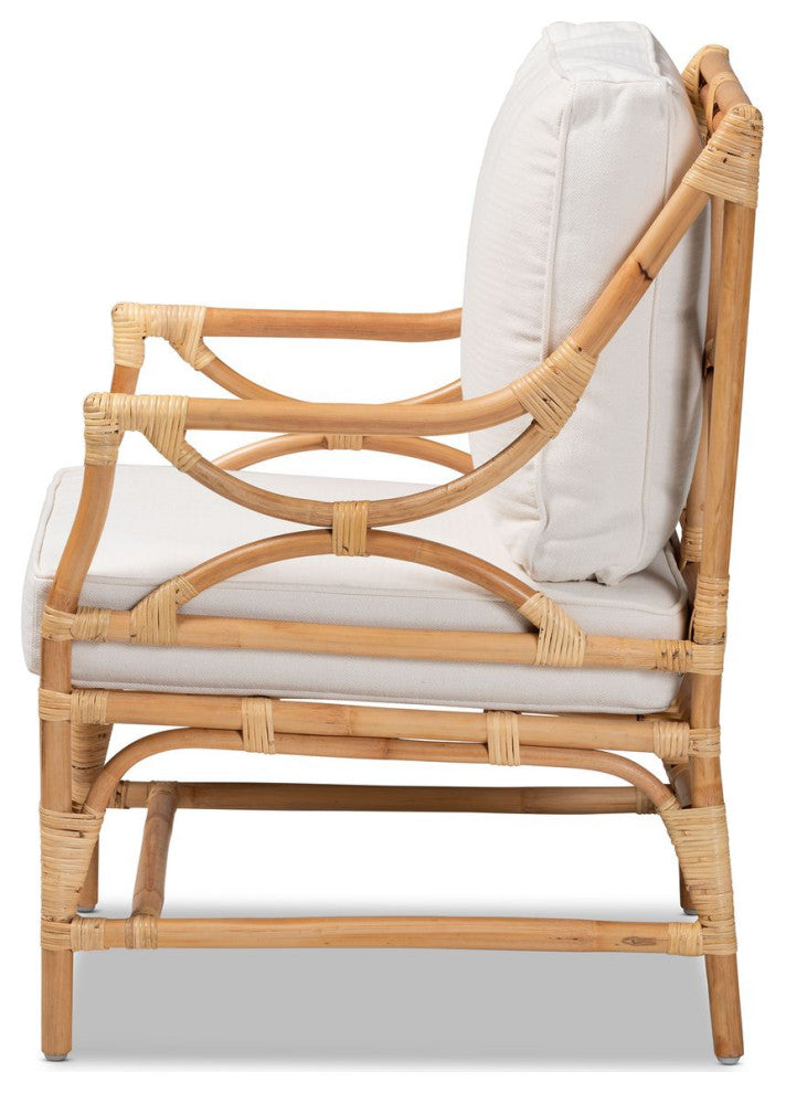 Brandon Modern Bohemian White Fabric Upholster and Natural Brown Rattan Armchair