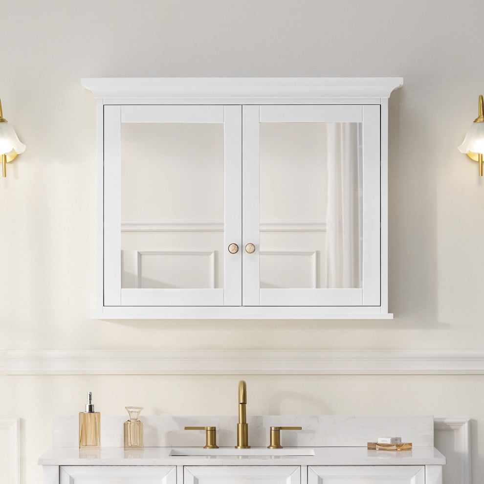 Handmade Solid Wood Medicine Cabinet with Ample Storage Space in White, 40"x30" Double Doors