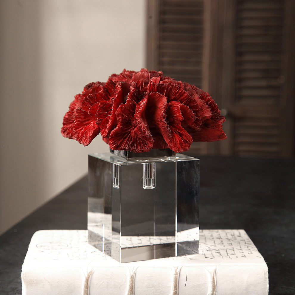 Luxe Modern Red Coral Crystal Cube Sculpture, Coastal Sea Shell Finial Statue