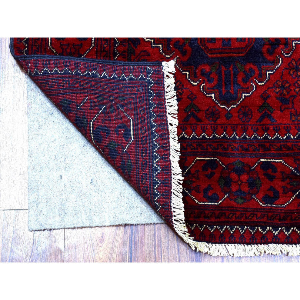 Red Hand Knotted Tribal Design Wool Afghan Khamyab Runner Rug, 2'9"x13'0"