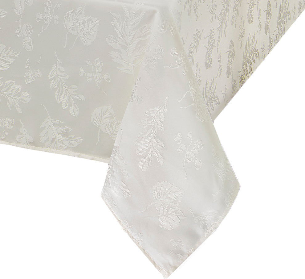 Elegant Woven Leaves Jacquard Damask Tablecloth, Ivory, 60"x84" Oblong