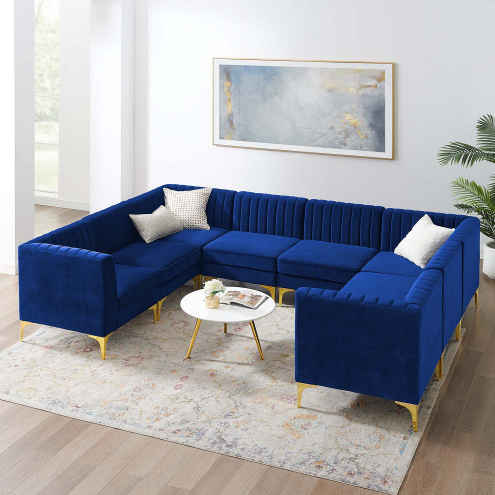 Tufted Sectional Sofa Set, Velvet, Blue Navy, Modern, Living Lounge Hospitality