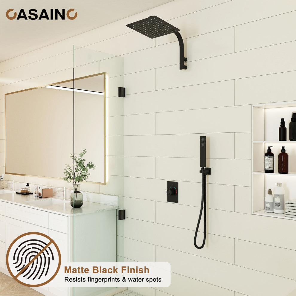 10inch Wall Mounted Rain Shower System With Handheld & Unique Shower Arm, Matte Black