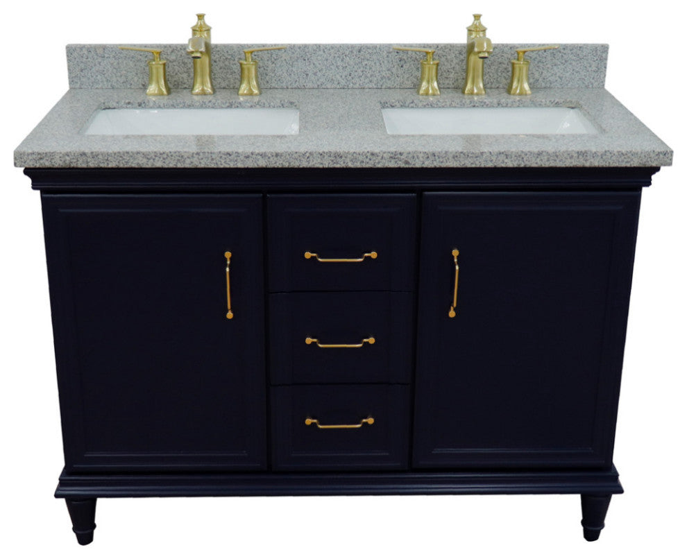 49" Double Vanity, Blue Finish With Gray Granite And Rectangle Sink
