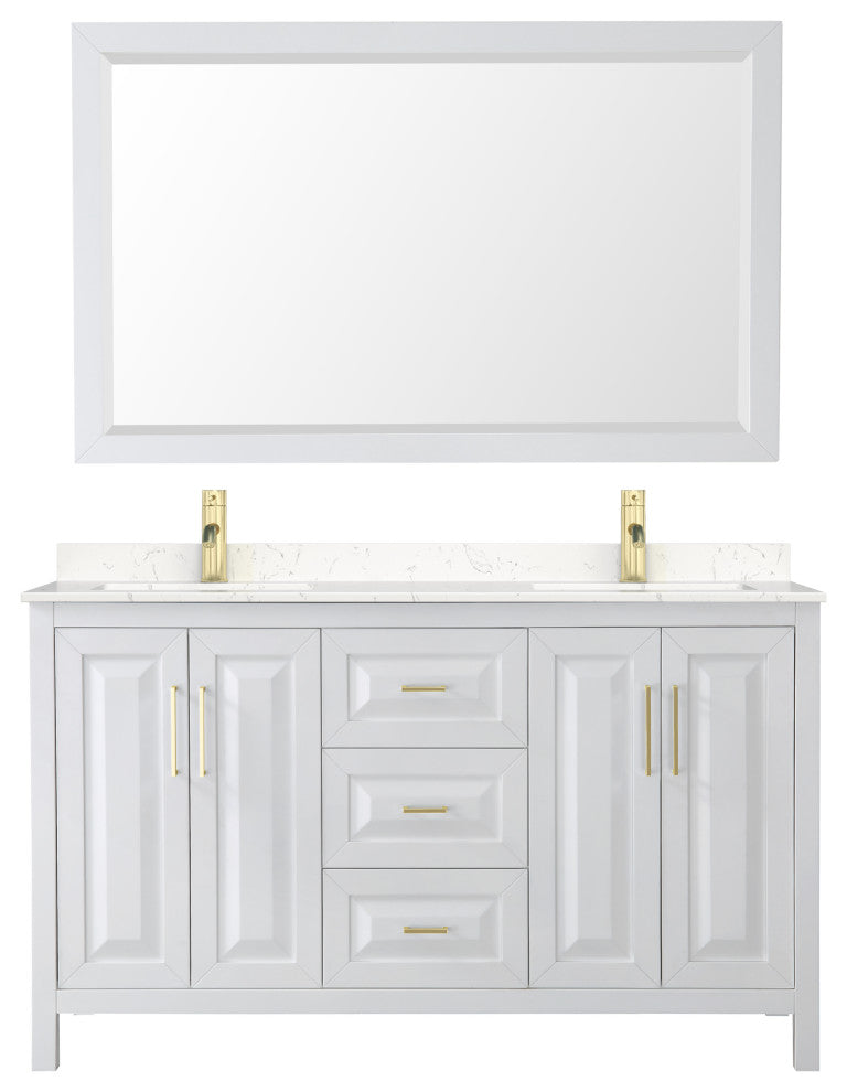 60"DBL Vanity White, Light-Vein Carrara Cult. Top, Sinks, 58"Mirror, Gold Trim