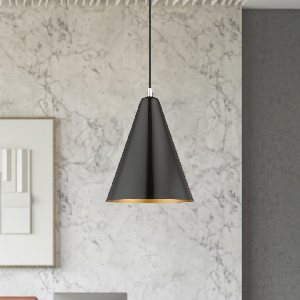 Dulce 1-Light Shiny Black Cone Pendant, Polished Chrome Accents